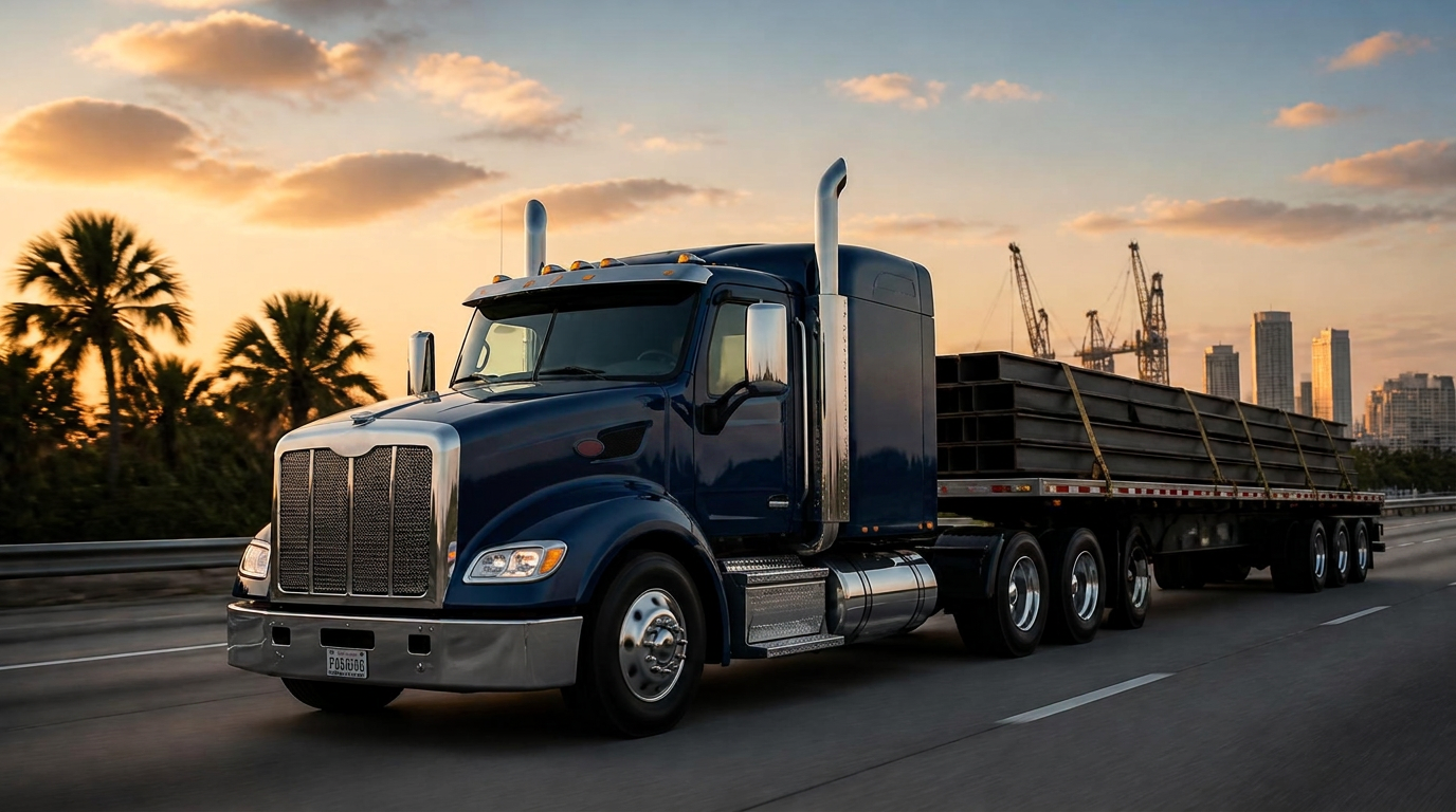 Navy flatbed semi truck hauling steel beams on a Florida highway at sunset